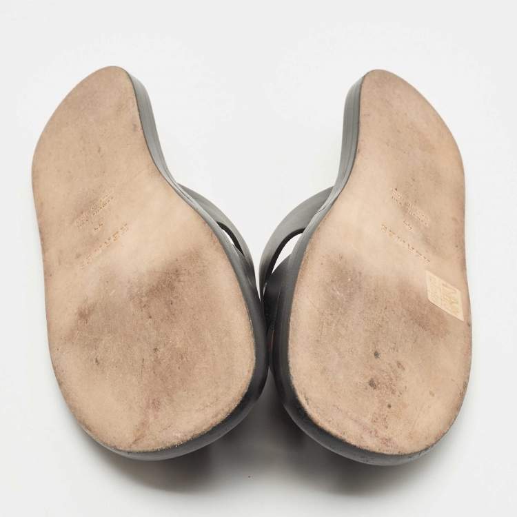 Pre Owned Hermes Black Leather Izmir Slide Flats Size 44