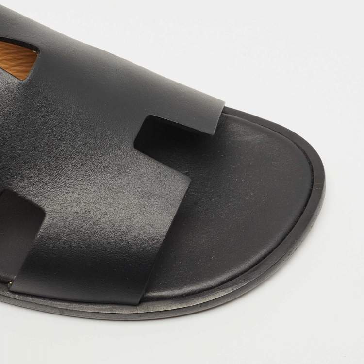 Pre Owned Hermes Black Leather Izmir Slide Flats Size 44