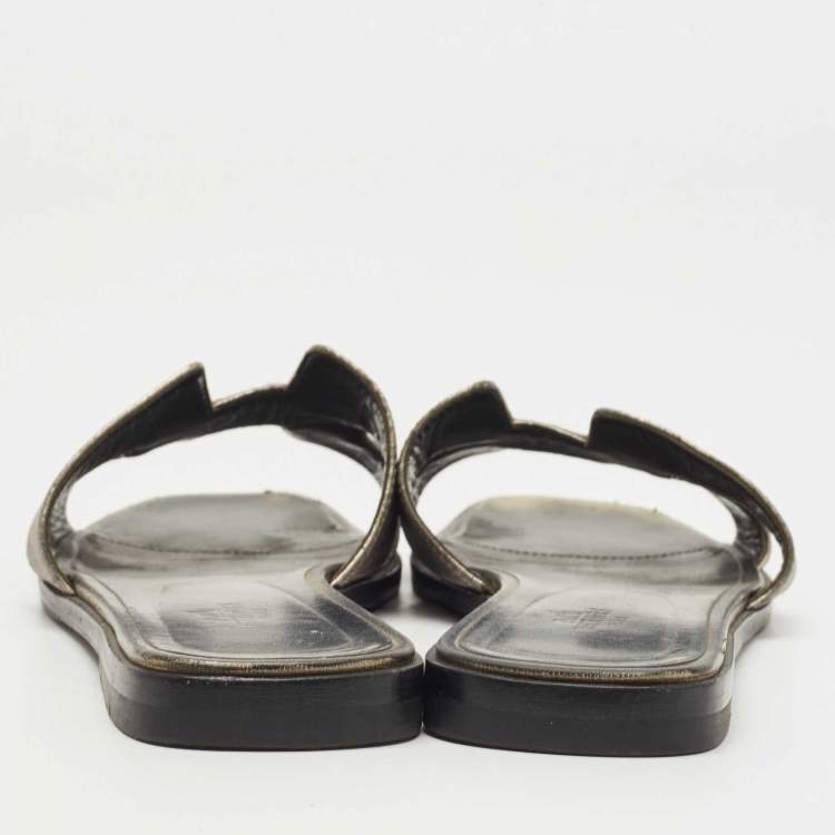 Pre Owned Hermes Metallic Leather Oran Flat Slides Size 38.5 