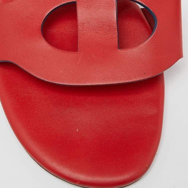 Pre Owned Hermes Red Leather Lisboa Slide Flats Size 39