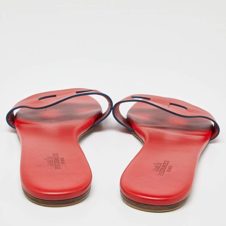 Pre Owned Hermes Red Leather Lisboa Slide Flats Size 39