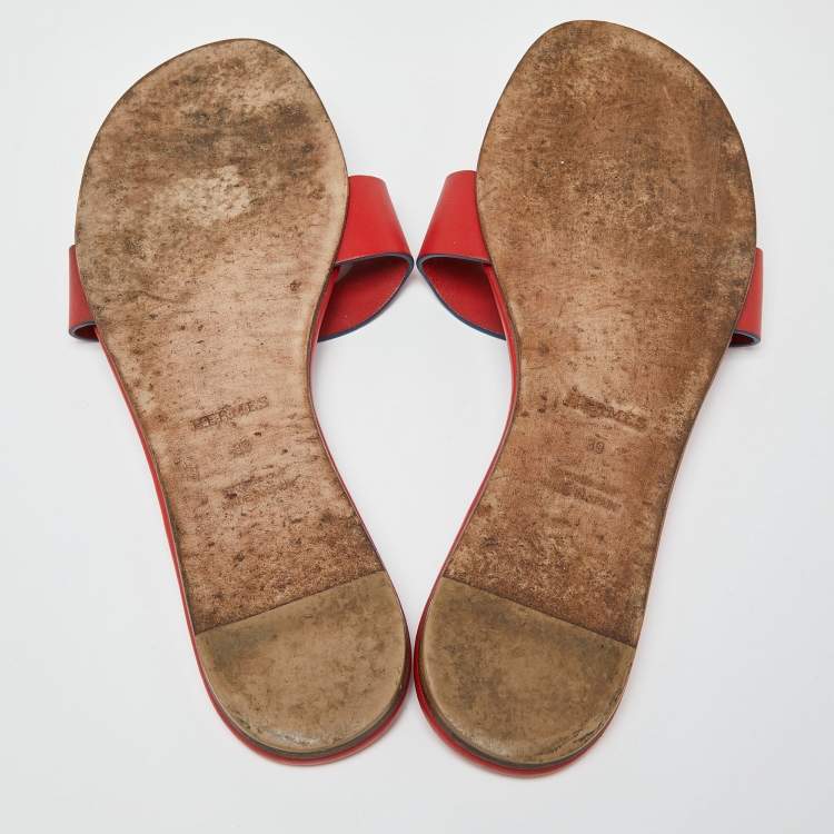 Pre Owned Hermes Red Leather Lisboa Slide Flats Size 39