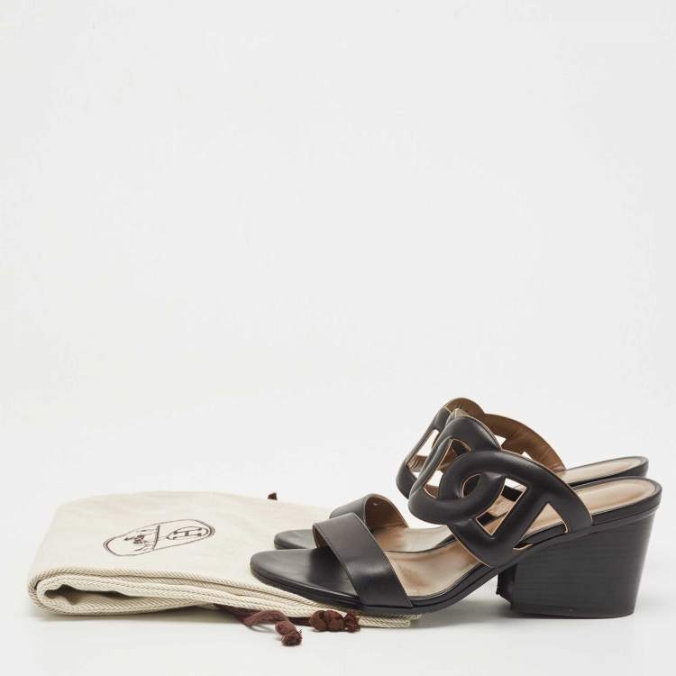 Pre Owned Hermes Black Leather Bikini Block Heel Slide Sandals Size 38