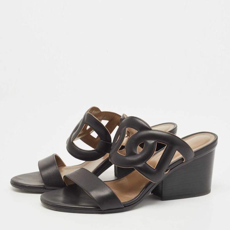Pre Owned Hermes Black Leather Bikini Block Heel Slide Sandals Size 38