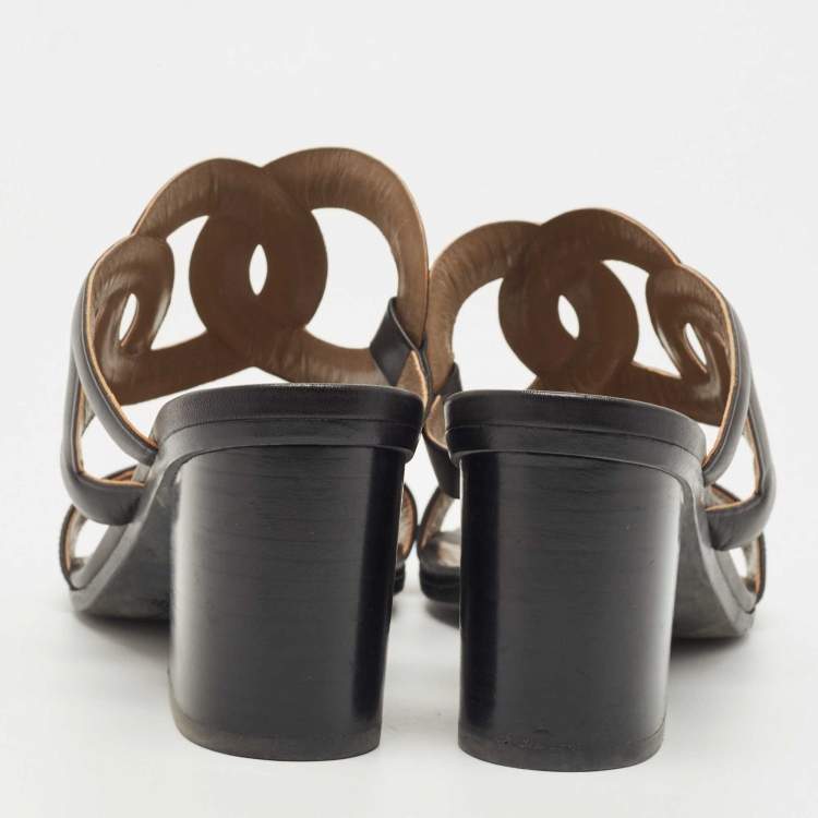 Pre Owned Hermes Black Leather Bikini Block Heel Slide Sandals Size 38