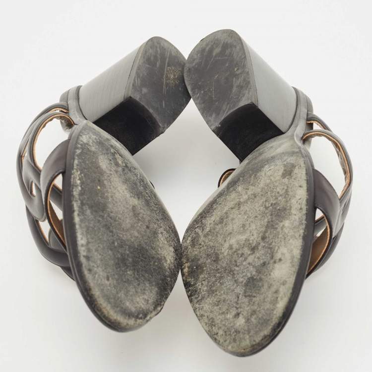 Pre Owned Hermes Black Leather Bikini Block Heel Slide Sandals Size 38