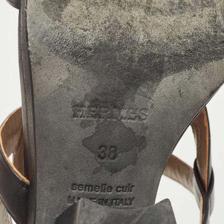 Pre Owned Hermes Black Leather Bikini Block Heel Slide Sandals Size 38