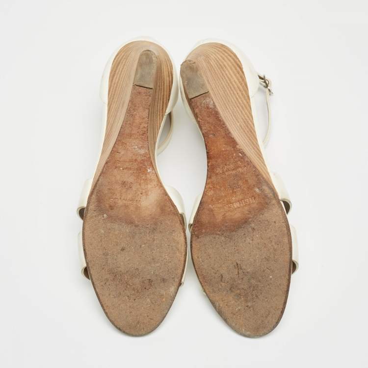 Pre Owned Hermes White Leather Premiere 70 Wedge Sandals Size 38.5