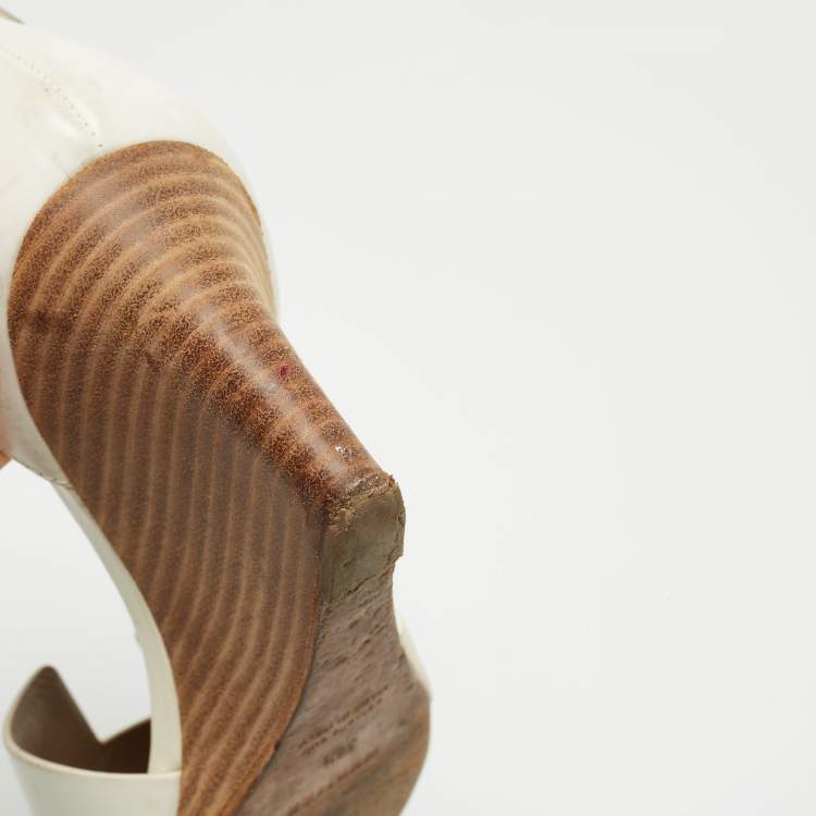 Pre Owned Hermes White Leather Premiere 70 Wedge Sandals Size 38.5