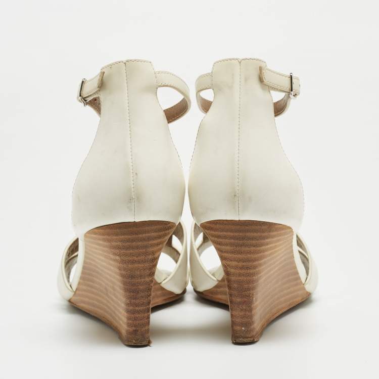 Pre Owned Hermes White Leather Premiere 70 Wedge Sandals Size 38.5