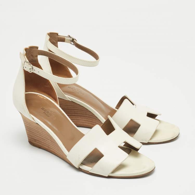 Pre Owned Hermes White Leather Premiere 70 Wedge Sandals Size 38.5
