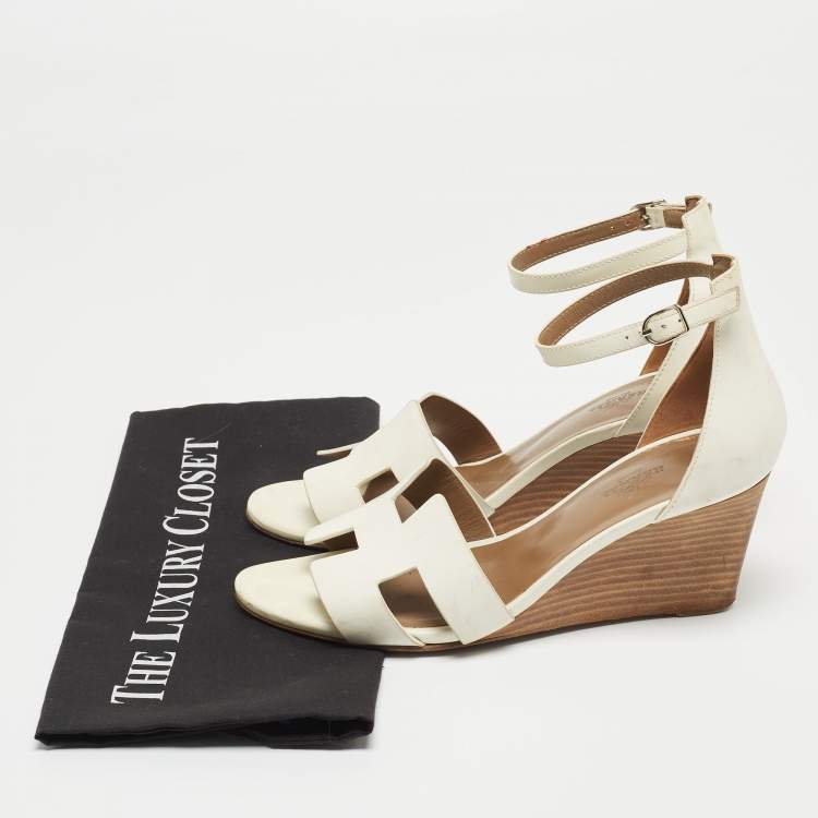Pre Owned Hermes White Leather Premiere 70 Wedge Sandals Size 38.5