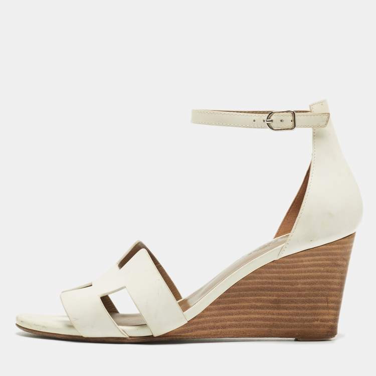 Hermes Wedge Sole Sandals 37 Camel Leather Used Condition