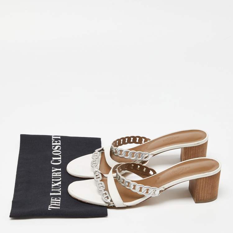 Pre Owned Hermes White/Silver Leather Ajaccio Block Heel Slide Sandals Size 40