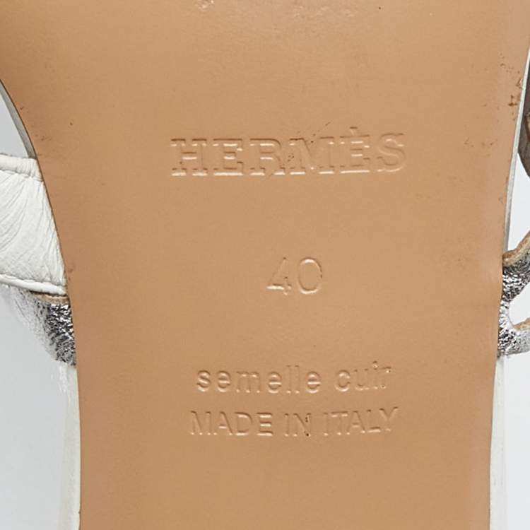 Pre Owned Hermes White/Silver Leather Ajaccio Block Heel Slide Sandals Size 40
