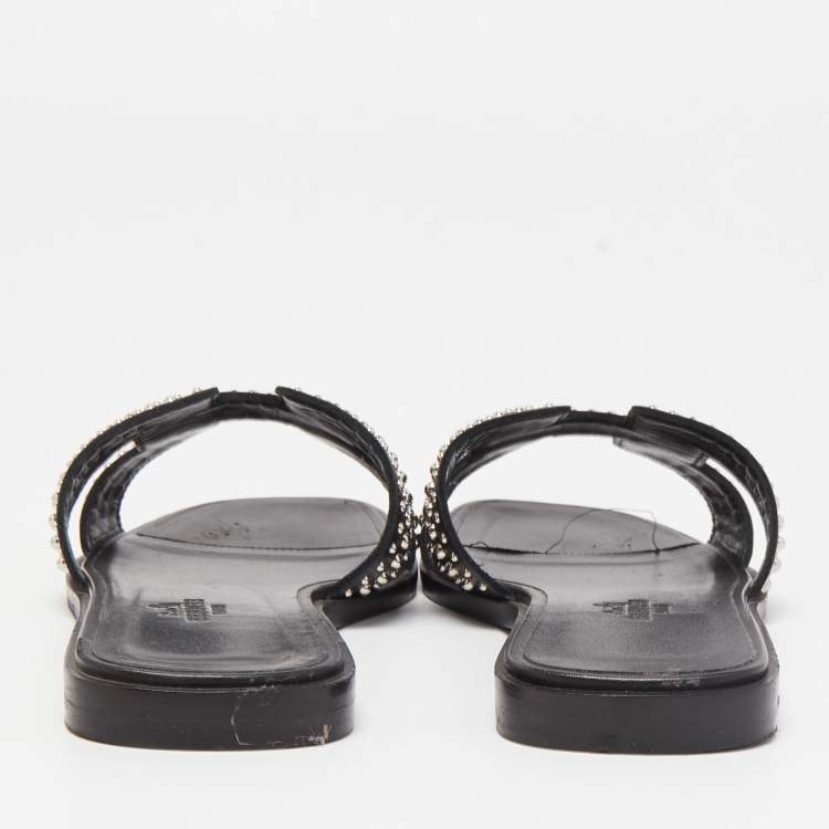 Pre Owned Hermes Black Studded Leather Oran Flat Slides Size 36