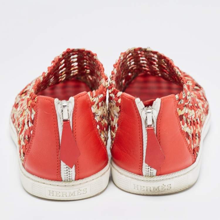 Pre Owned Hermes Orange/Yellow Printed Woven Fabric and Leather Oxygene Sneakers Size 40