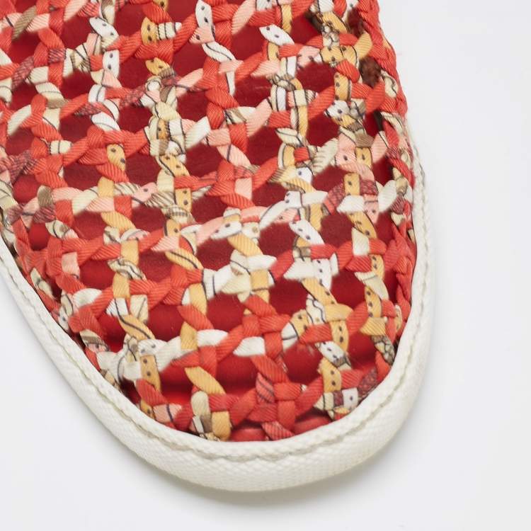 Pre Owned Hermes Orange/Yellow Printed Woven Fabric and Leather Oxygene Sneakers Size 40