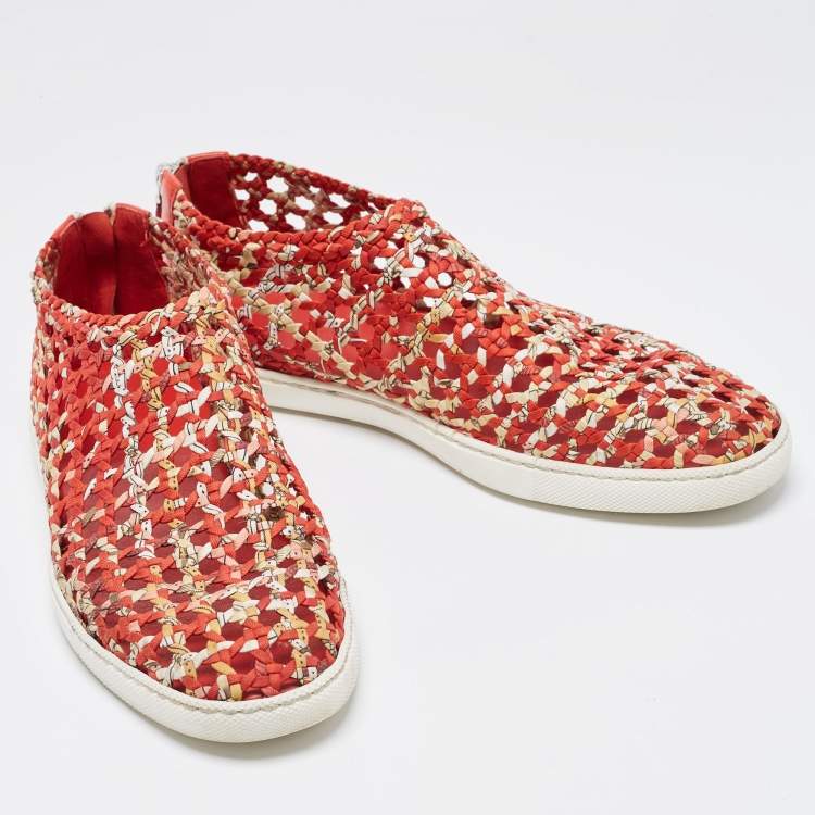 Pre Owned Hermes Orange/Yellow Printed Woven Fabric and Leather Oxygene Sneakers Size 40