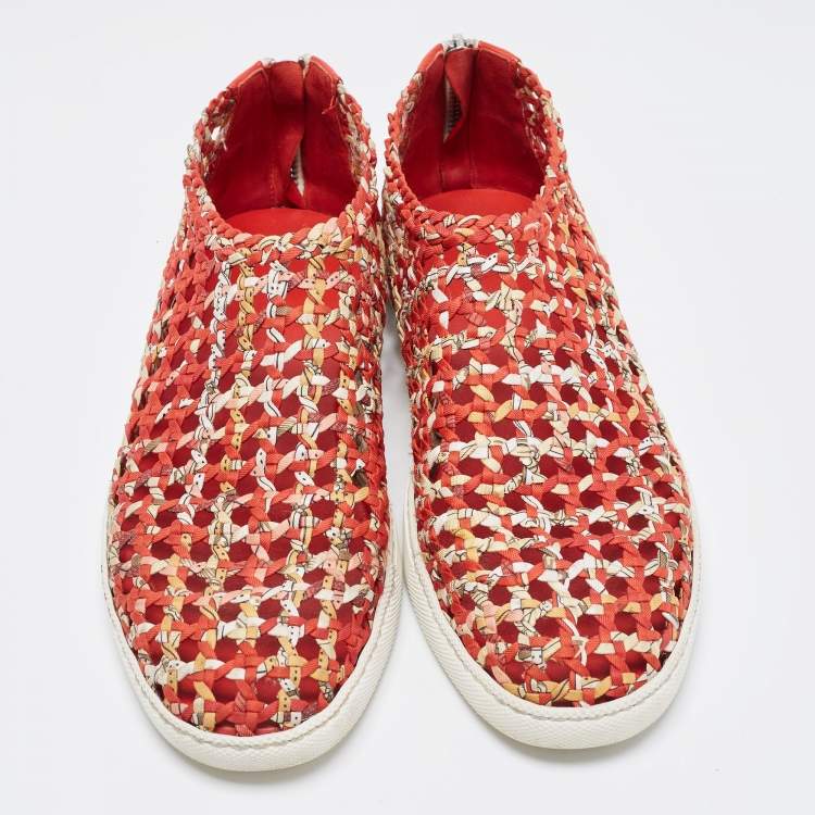 Pre Owned Hermes Orange/Yellow Printed Woven Fabric and Leather Oxygene Sneakers Size 40