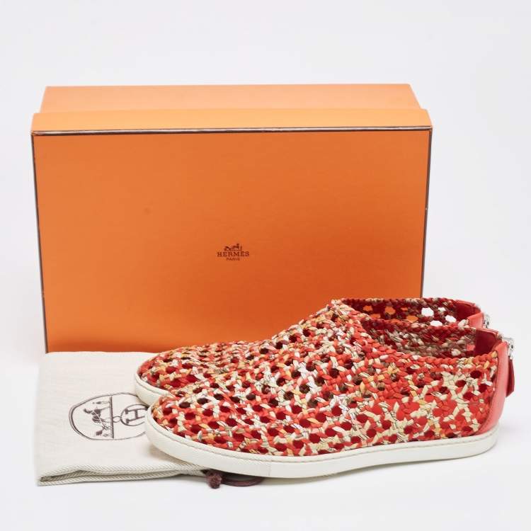 Pre Owned Hermes Orange/Yellow Printed Woven Fabric and Leather Oxygene Sneakers Size 40