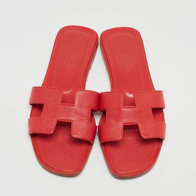 Pre Owned Hermes Red Leather Oran Flat Slides Size 35