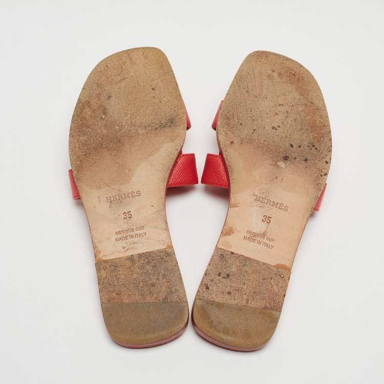 Pre Owned Hermes Red Leather Oran Flat Slides Size 35
