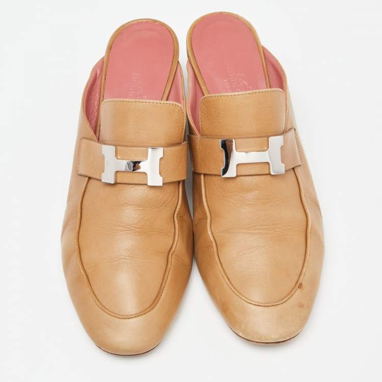Pre Owned Hermes Brown Leather Paradis Mules Size 38