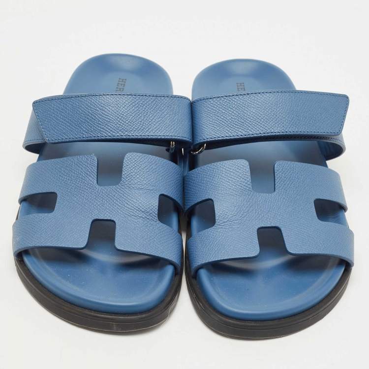Pre Owned Hermes Blue Leather Chypre Slides Size 37