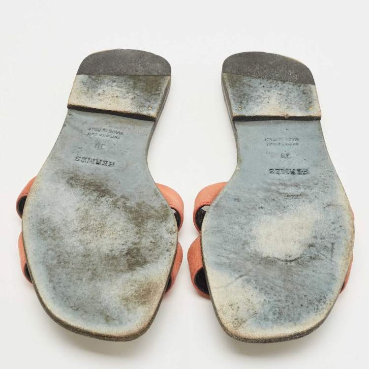 Pre Owned Hermes Pink Suede Oran Flat Slides Size 38