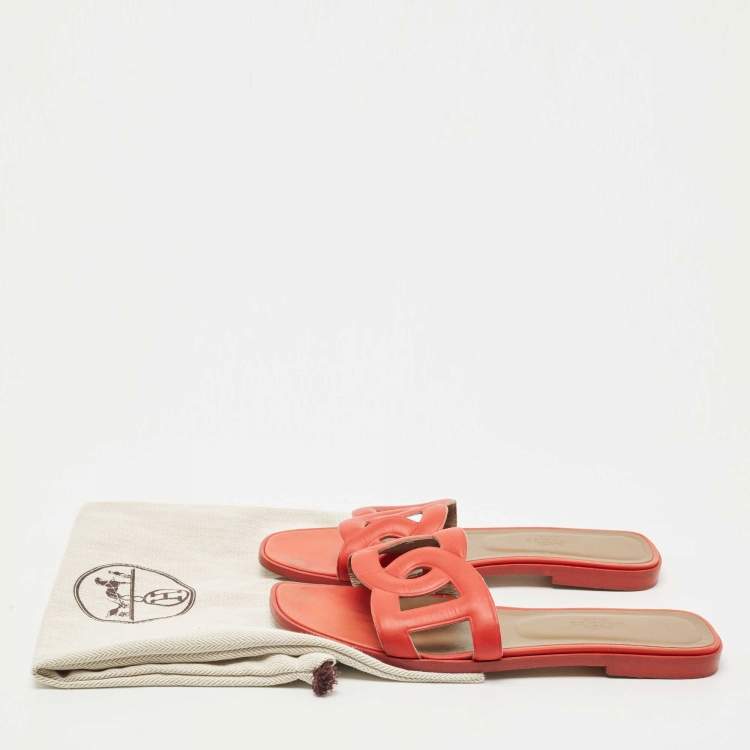Pre Owned Hermes Orange Leather Omaha Slide Flats Size 37.5