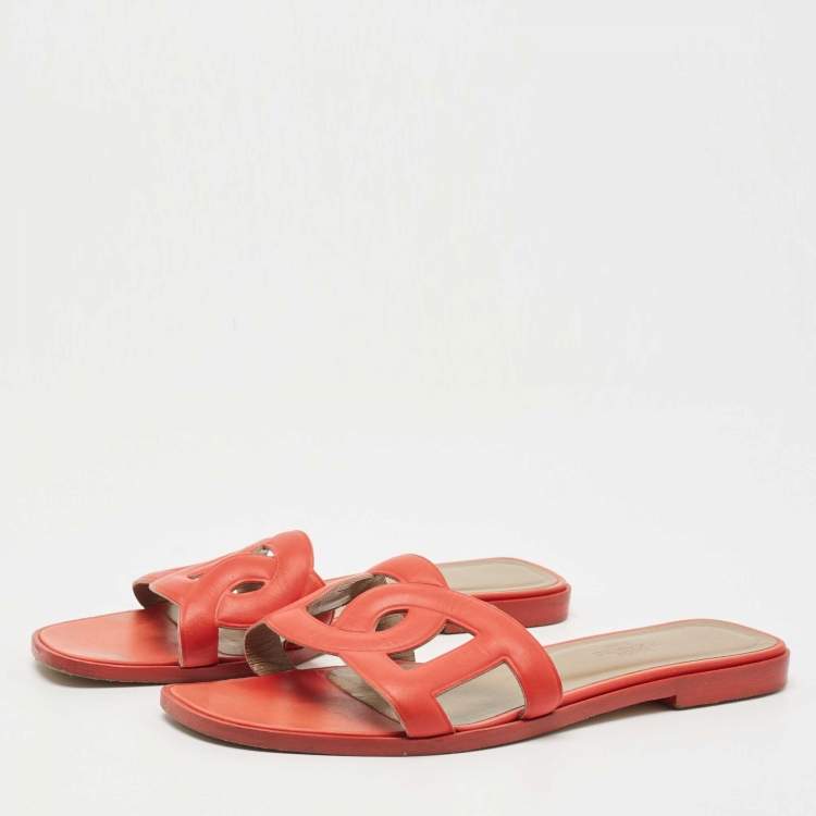 Pre Owned Hermes Orange Leather Omaha Slide Flats Size 37.5