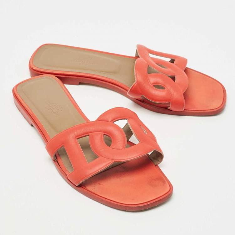 Pre Owned Hermes Orange Leather Omaha Slide Flats Size 37.5