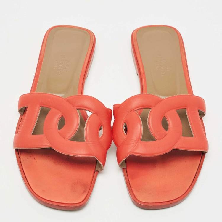Pre Owned Hermes Orange Leather Omaha Slide Flats Size 37.5