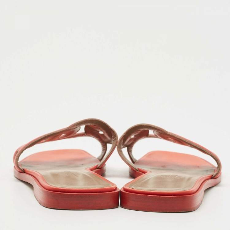 Pre Owned Hermes Orange Leather Omaha Slide Flats Size 37.5
