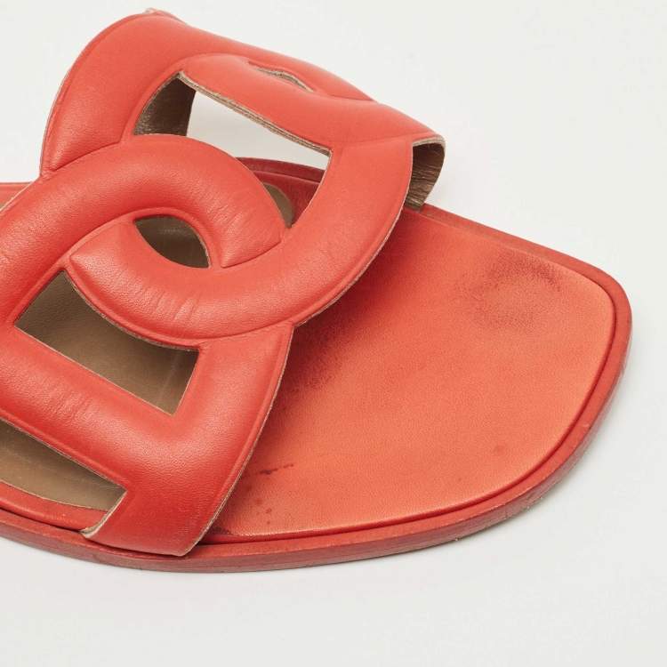 Pre Owned Hermes Orange Leather Omaha Slide Flats Size 37.5