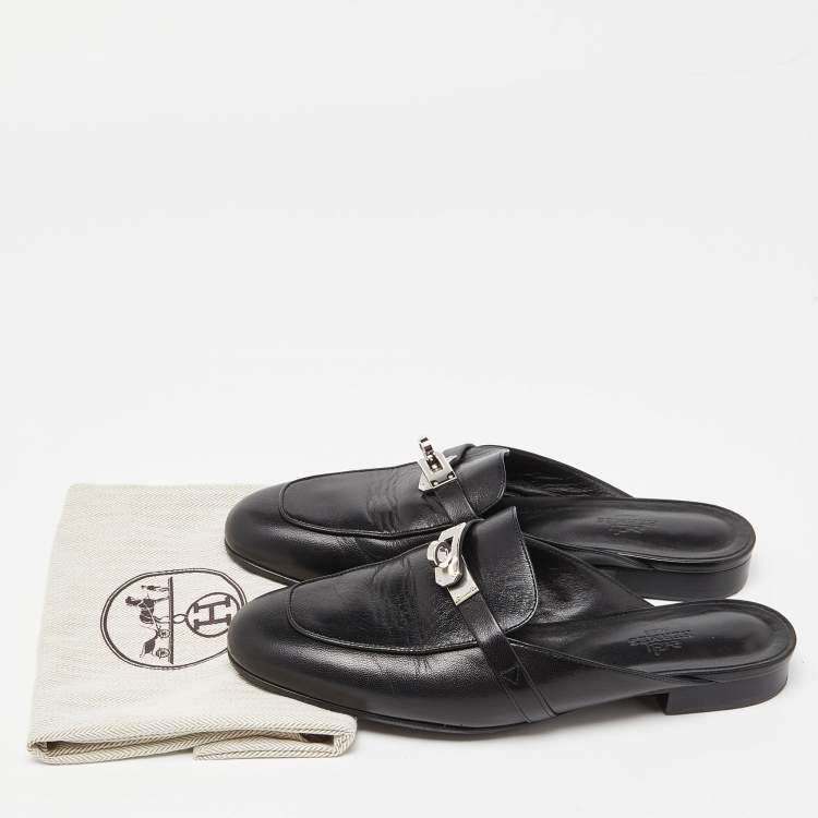 Pre Owned Hermes Black Leather Oz Mules Size 38