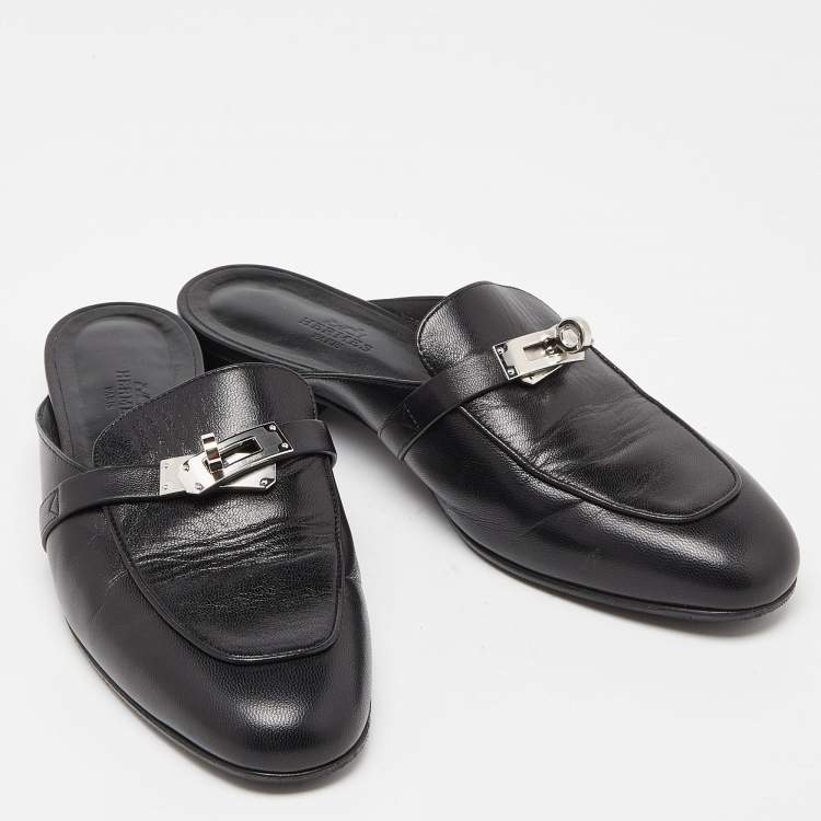 Pre Owned Hermes Black Leather Oz Mules Size 38