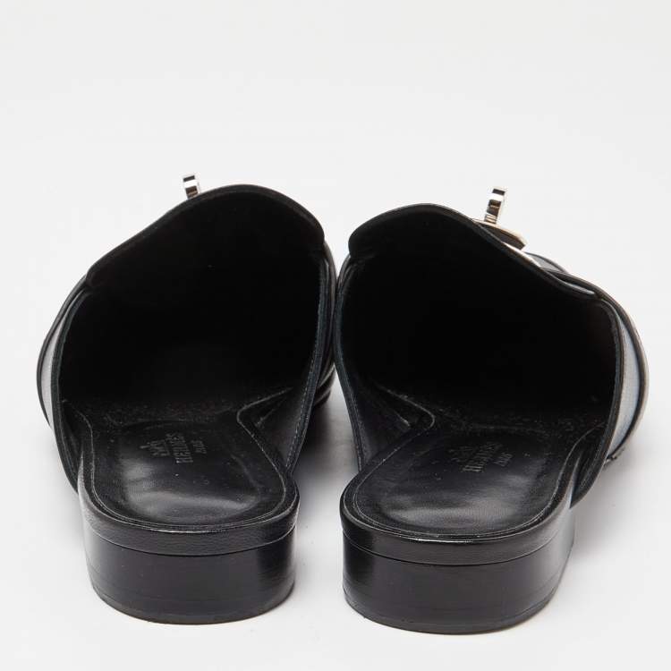 Pre Owned Hermes Black Leather Oz Mules Size 38