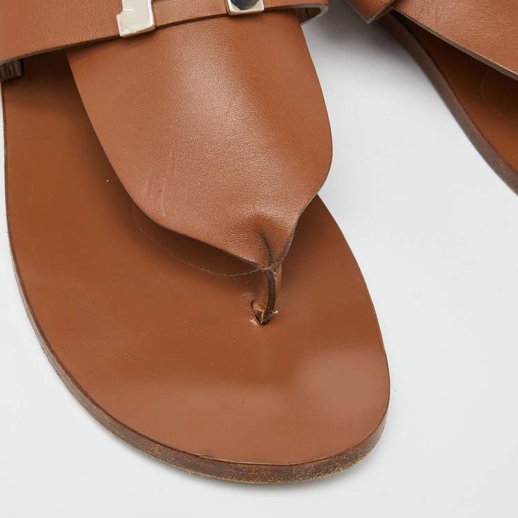 Pre Owned Hermes Brown Leather Galerie Slingback Flat Sandals Size 38.5