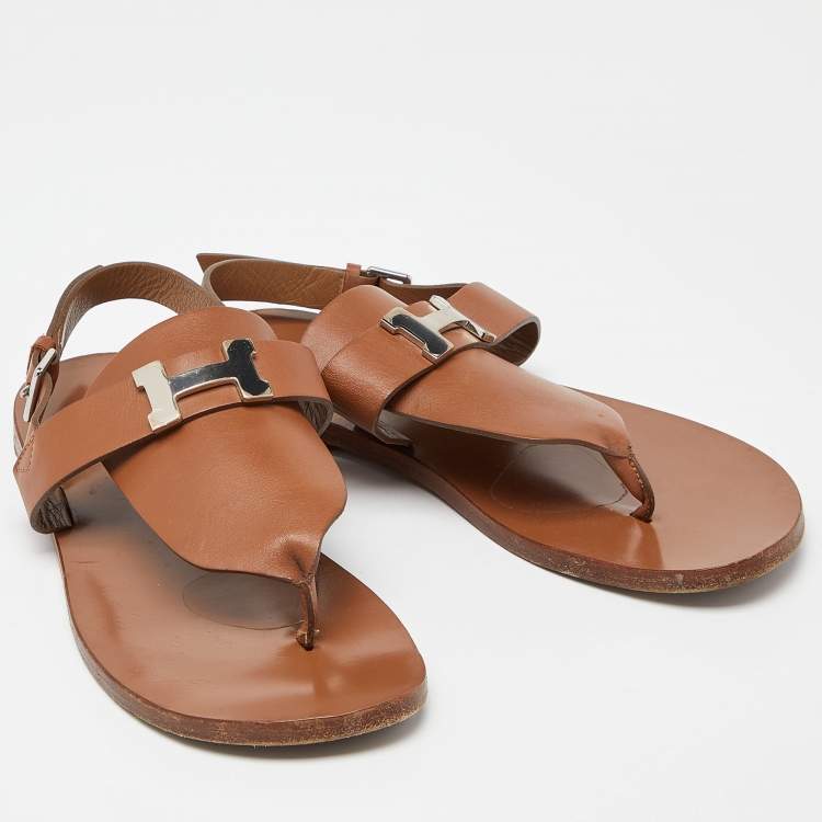 Pre Owned Hermes Brown Leather Galerie Slingback Flat Sandals Size 38.5