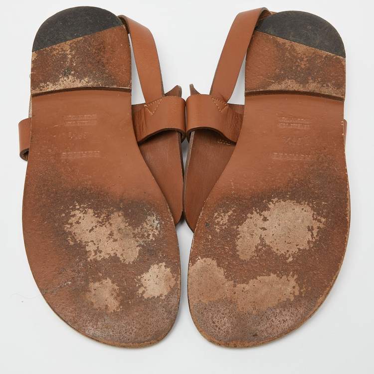 Pre Owned Hermes Brown Leather Galerie Slingback Flat Sandals Size 38.5