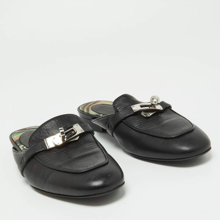 Pre Owned Hermes Black Leather Oz Mules Size 35