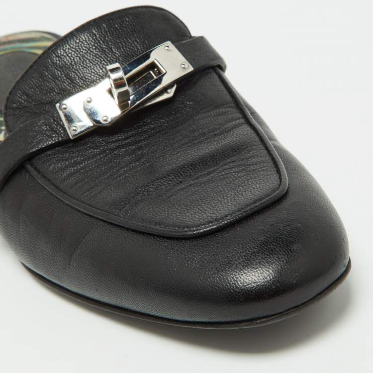 Pre Owned Hermes Black Leather Oz Mules Size 35