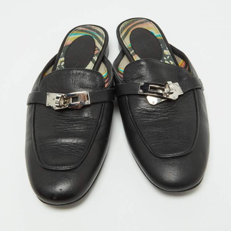 Pre Owned Hermes Black Leather Oz Mules Size 35