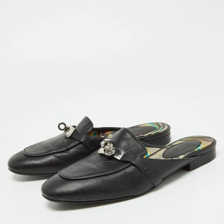 Pre Owned Hermes Black Leather Oz Mules Size 35