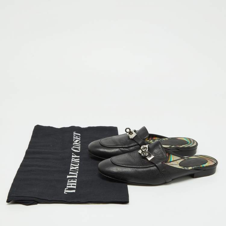 Pre Owned Hermes Black Leather Oz Mules Size 35