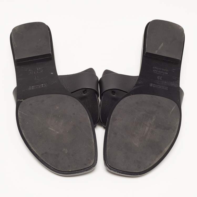 Pre Owned Hermes Black Leather Galerie Thong Flats Size 39