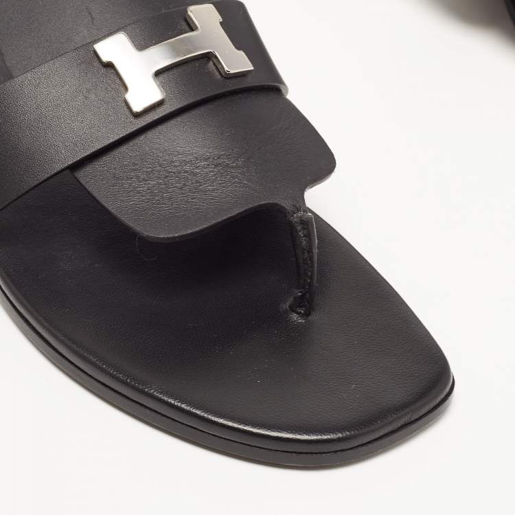 Pre Owned Hermes Black Leather Galerie Thong Flats Size 39
