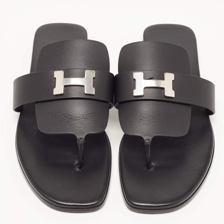 Pre Owned Hermes Black Leather Galerie Thong Flats Size 39